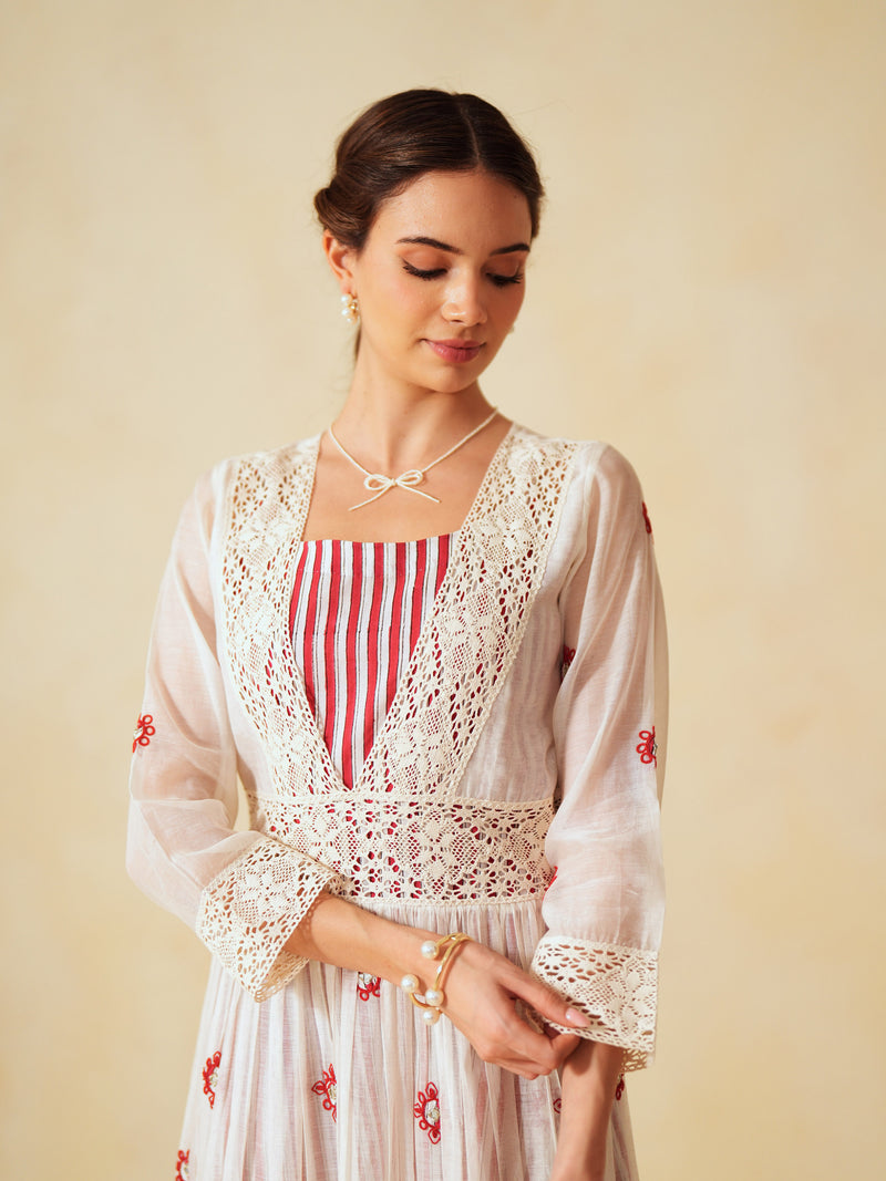 RED AND OFF-WHITE COTTON CHANDERI V-NECK TIERED LONG DRESS