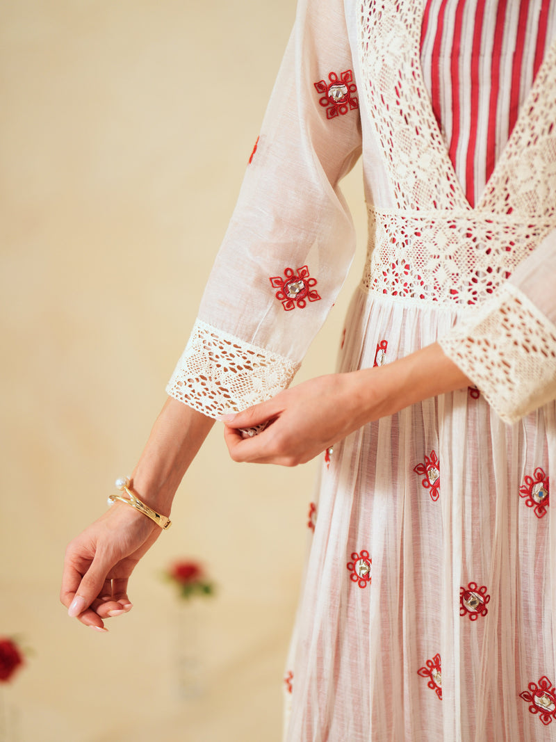 RED AND OFF-WHITE COTTON CHANDERI V-NECK TIERED LONG DRESS