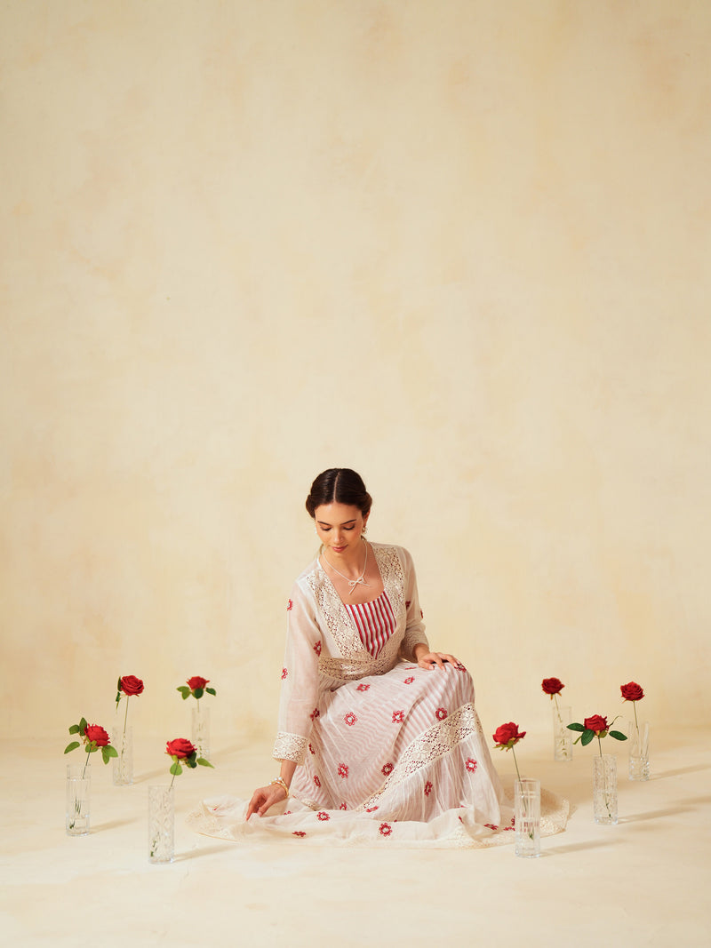 RED AND OFF-WHITE COTTON CHANDERI V-NECK TIERED LONG DRESS