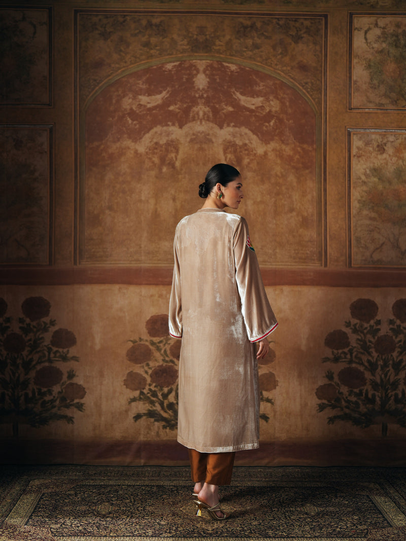LIGHT SAND STRAIGHT VELVET KURTA WITH PANT AND DUPATTA
