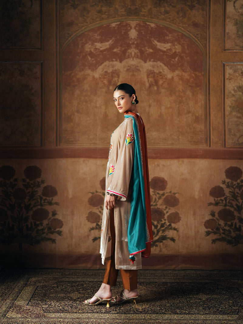 LIGHT SAND STRAIGHT VELVET KURTA WITH PANT AND DUPATTA