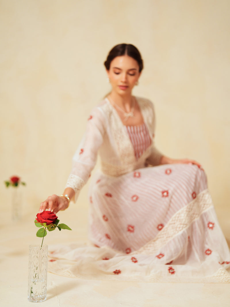 RED AND OFF-WHITE COTTON CHANDERI V-NECK TIERED LONG DRESS