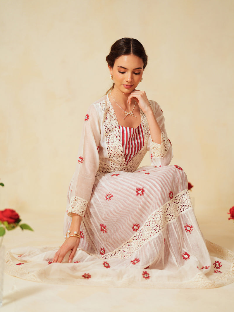 RED AND OFF-WHITE COTTON CHANDERI V-NECK TIERED LONG DRESS