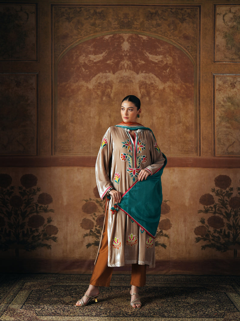 LIGHT SAND STRAIGHT VELVET KURTA WITH PANT AND DUPATTA