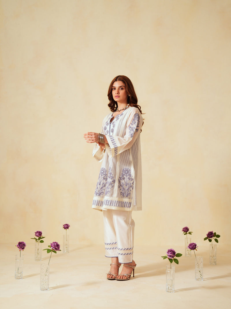 LAVENDER  AND OFF-WHITE COTTON CHANDERI SHORT A-LINE KURTA WITH PANT