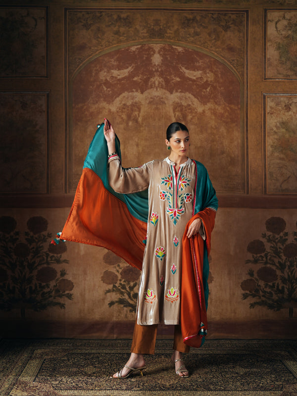 LIGHT SAND STRAIGHT VELVET KURTA WITH PANT AND DUPATTA