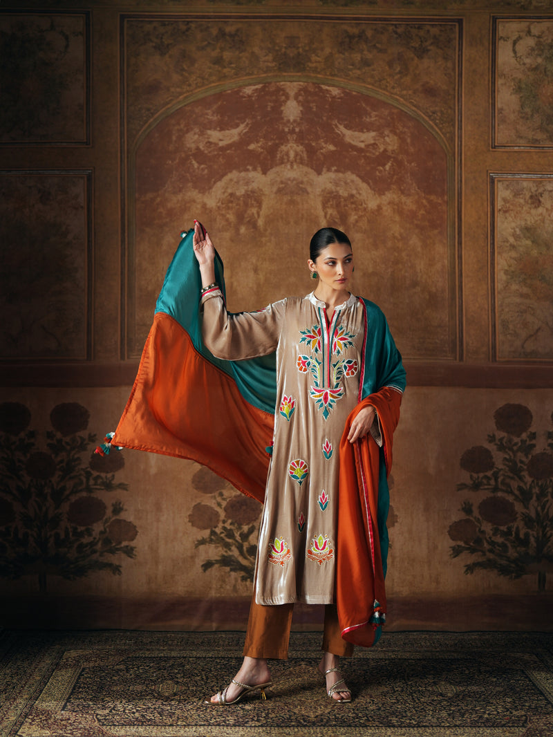 LIGHT SAND STRAIGHT VELVET KURTA WITH PANT AND DUPATTA