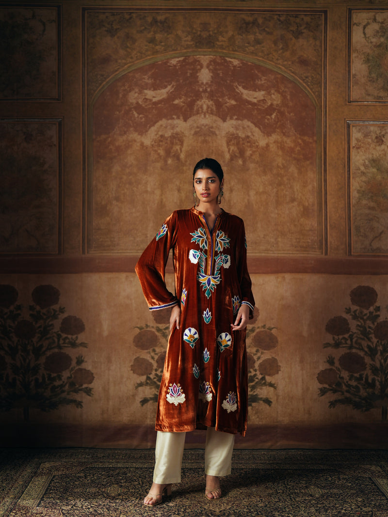 BURNT ORANGE STRAIGHT VELVET KURTA WITH PANT AND DUPATTA