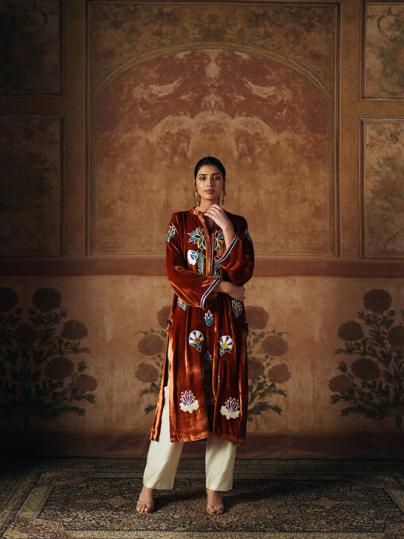 BURNT ORANGE STRAIGHT VELVET KURTA WITH PANT AND DUPATTA