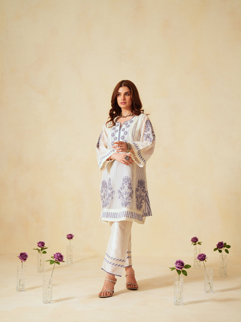 LAVENDER  AND OFF-WHITE COTTON CHANDERI SHORT A-LINE KURTA WITH PANT
