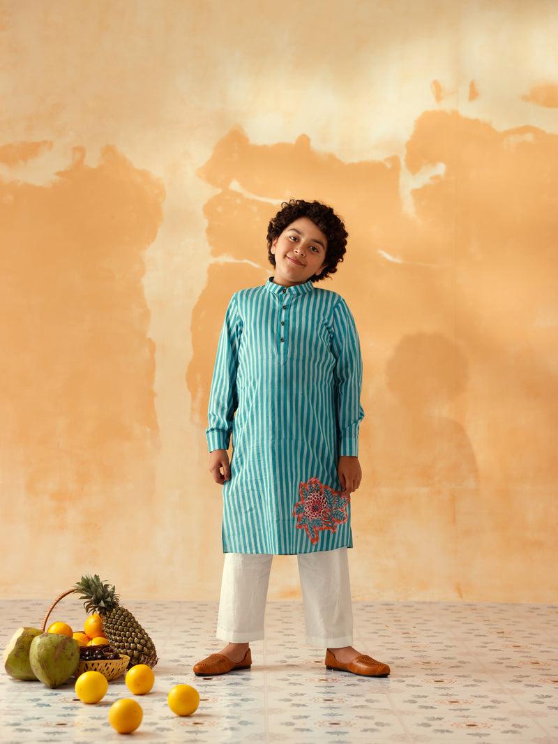 NARGIS TEAL AND AQUA BLUE STRIPED BOYS KURTA SET - SET OF 2