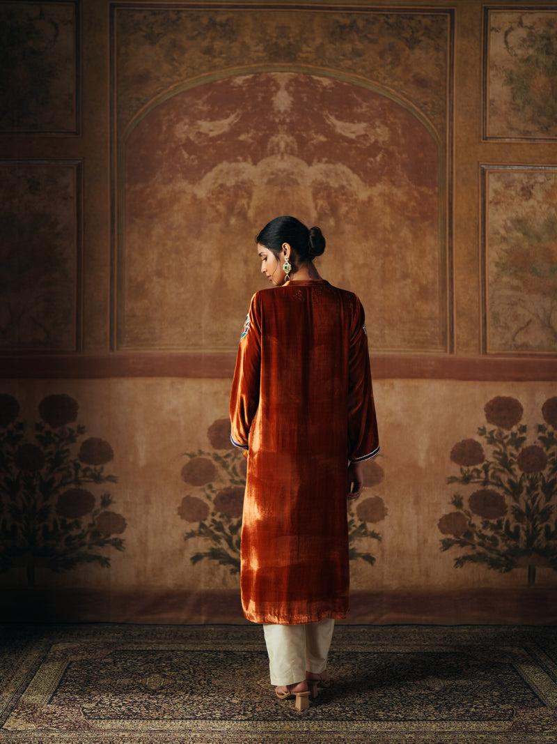 BURNT ORANGE STRAIGHT VELVET KURTA WITH PANT AND DUPATTA