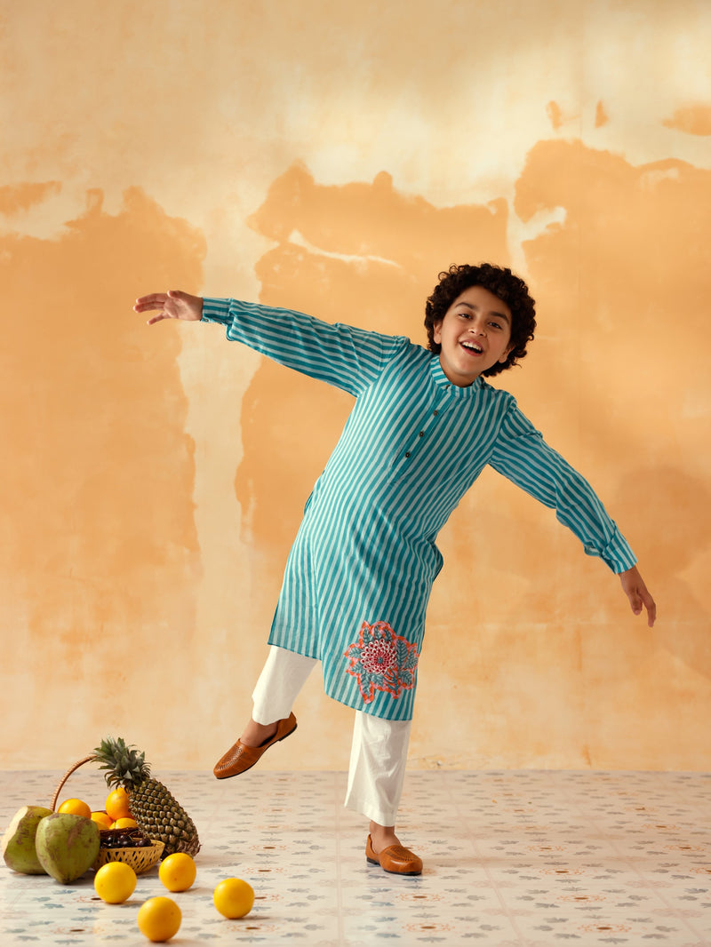 NARGIS TEAL AND AQUA BLUE STRIPED BOYS KURTA SET - SET OF 2