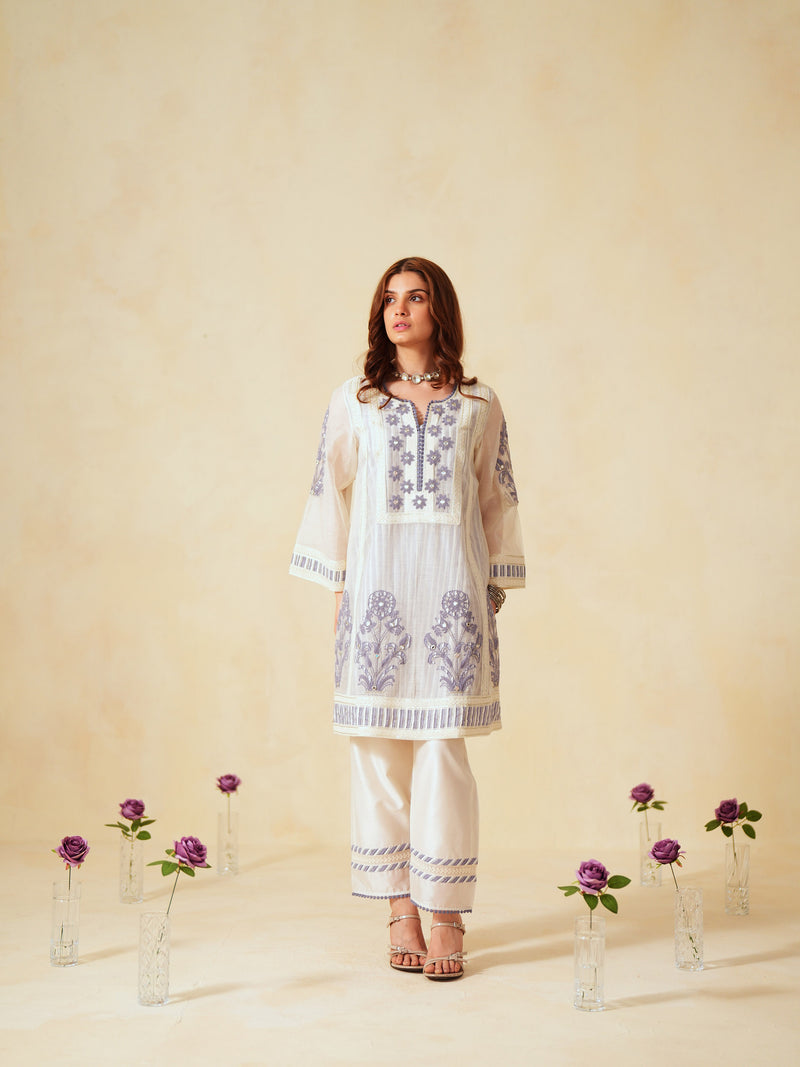 LAVENDER  AND OFF-WHITE COTTON CHANDERI SHORT A-LINE KURTA WITH PANT