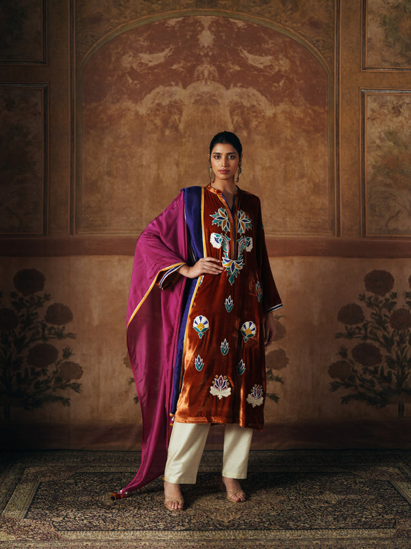 BURNT ORANGE STRAIGHT VELVET KURTA WITH PANT AND DUPATTA