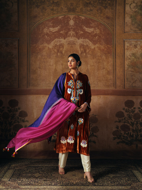 BURNT ORANGE STRAIGHT VELVET KURTA WITH PANT AND DUPATTA