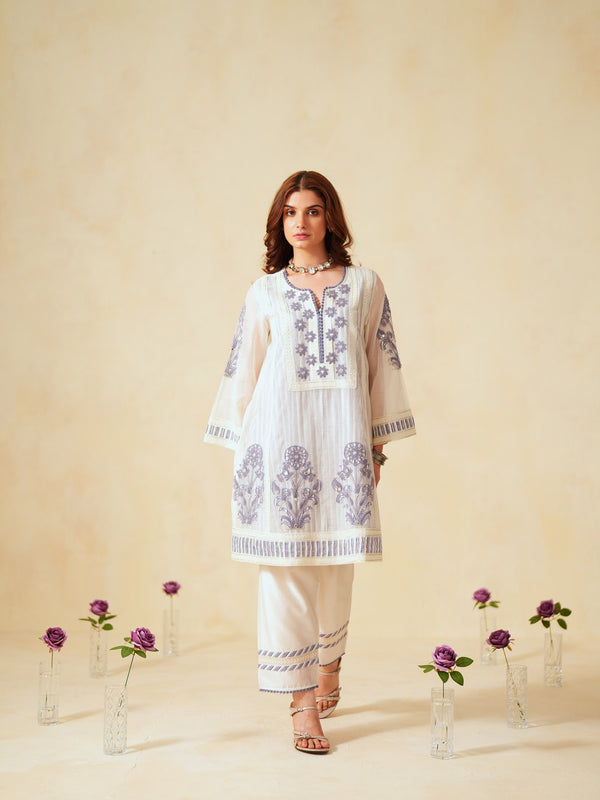LAVENDER  AND OFF-WHITE COTTON CHANDERI SHORT A-LINE KURTA WITH PANT
