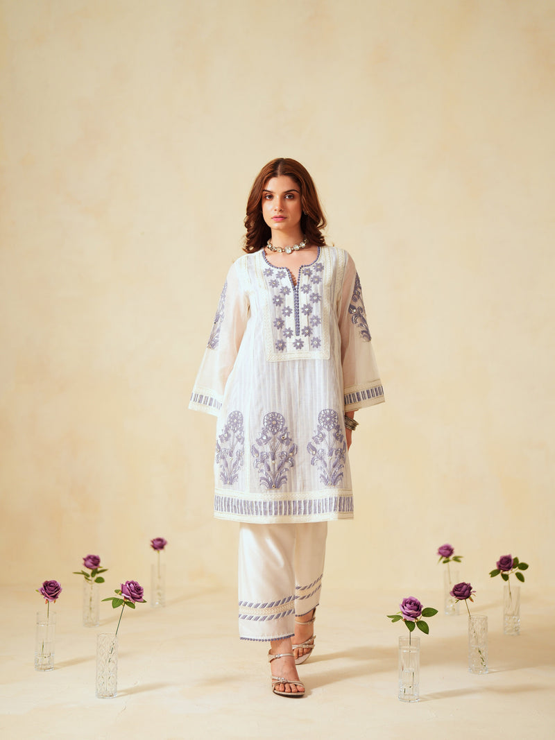 LAVENDER  AND OFF-WHITE COTTON CHANDERI SHORT A-LINE KURTA WITH PANT