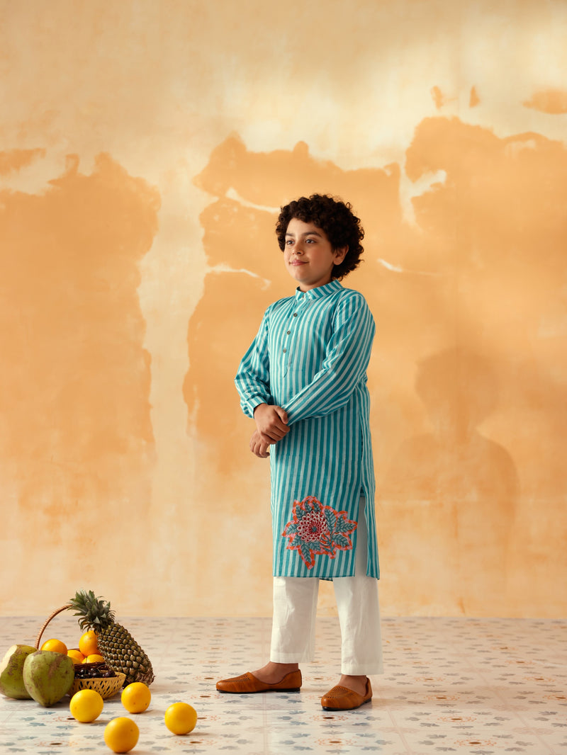 NARGIS TEAL AND AQUA BLUE STRIPED BOYS KURTA SET - SET OF 2