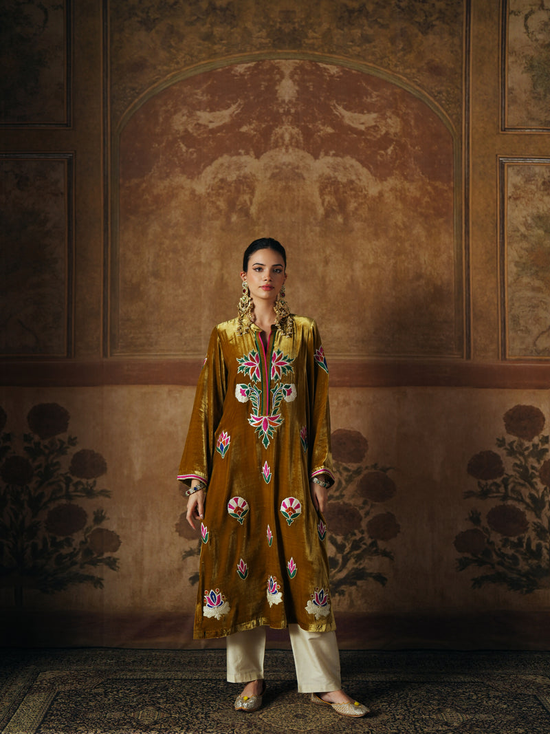 DEEP OLIVE STRAIGHT VELVET KURTA WITH PANT AND DUPATTA