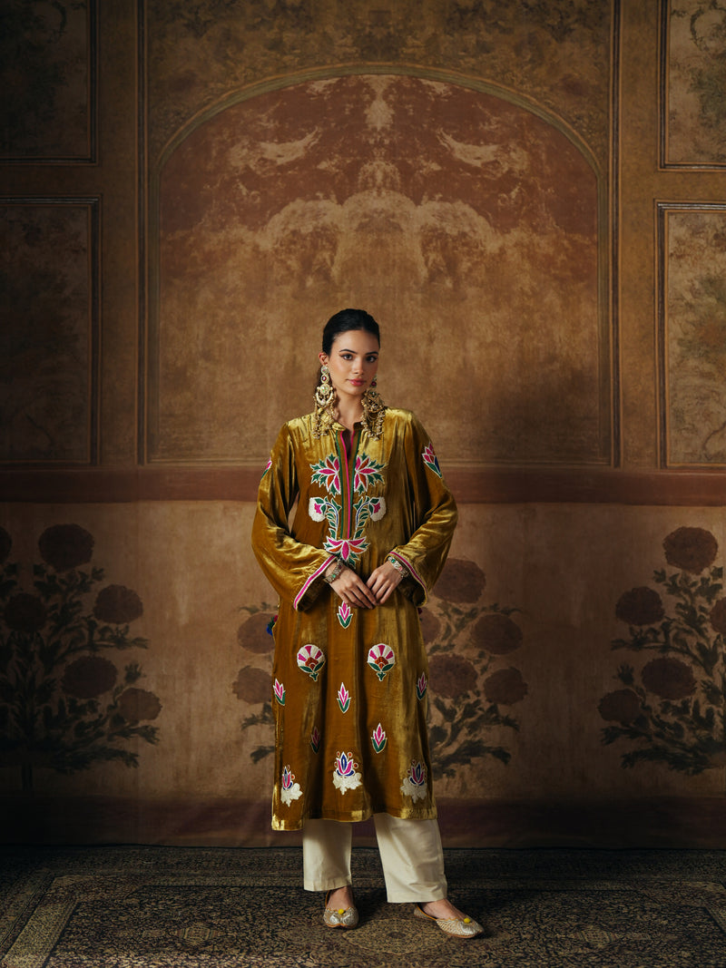 DEEP OLIVE STRAIGHT VELVET KURTA WITH PANT AND DUPATTA