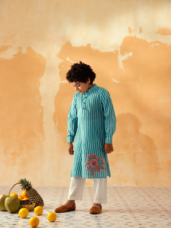 NARGIS TEAL AND AQUA BLUE STRIPED BOYS KURTA SET - SET OF 2