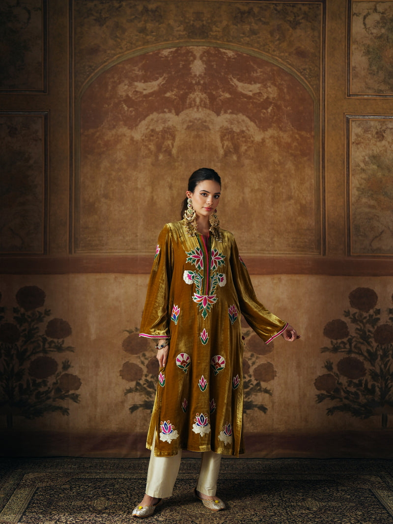 DEEP OLIVE STRAIGHT VELVET KURTA WITH PANT AND DUPATTA