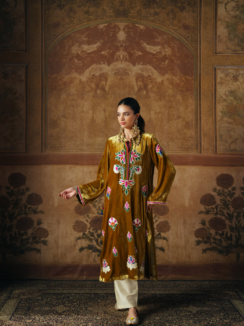 DEEP OLIVE STRAIGHT VELVET KURTA WITH PANT AND DUPATTA