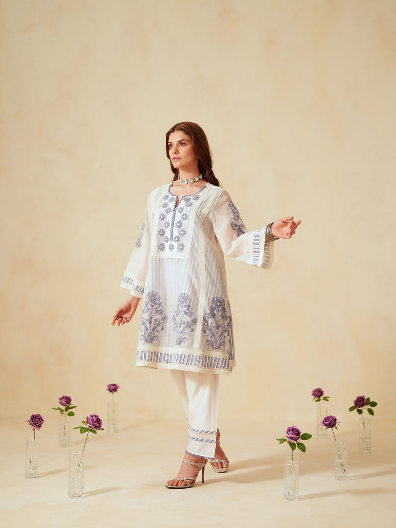 LAVENDER  AND OFF-WHITE COTTON CHANDERI SHORT A-LINE KURTA WITH PANT