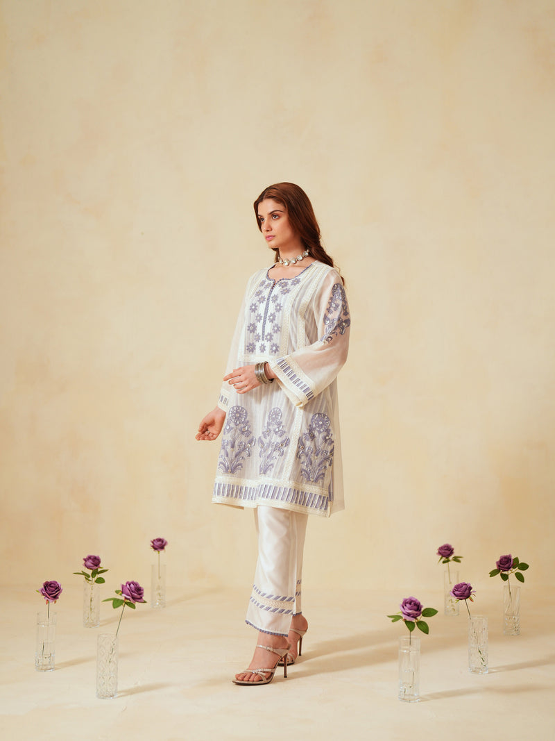 LAVENDER  AND OFF-WHITE COTTON CHANDERI SHORT A-LINE KURTA WITH PANT