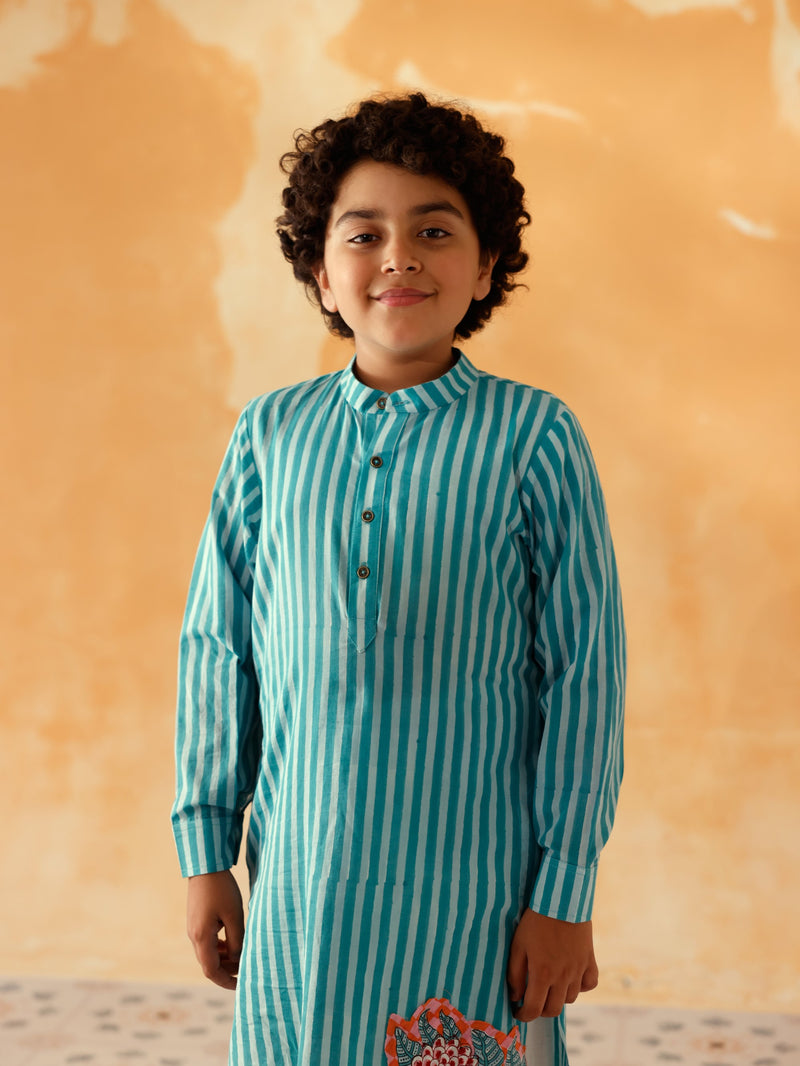 NARGIS TEAL AND AQUA BLUE STRIPED BOYS KURTA SET - SET OF 2