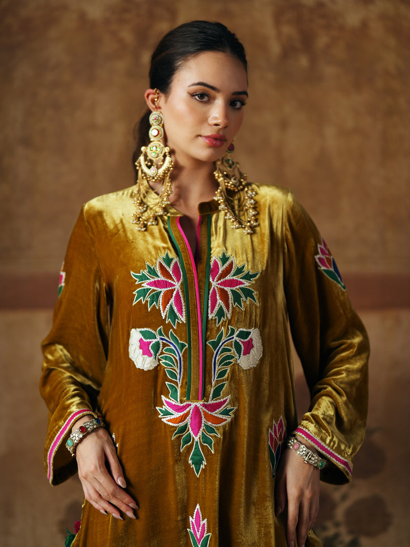 DEEP OLIVE STRAIGHT VELVET KURTA WITH PANT AND DUPATTA