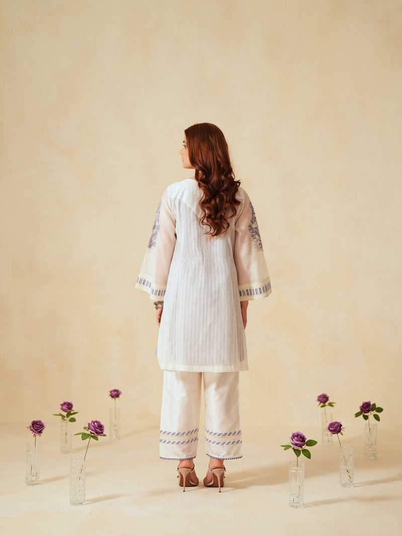 LAVENDER  AND OFF-WHITE COTTON CHANDERI SHORT A-LINE KURTA WITH PANT