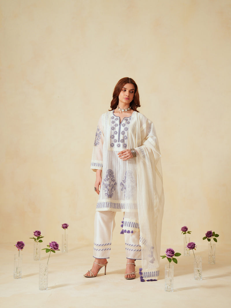 LAVENDER  AND OFF-WHITE COTTON CHANDERI SHORT A-LINE KURTA WITH PANT