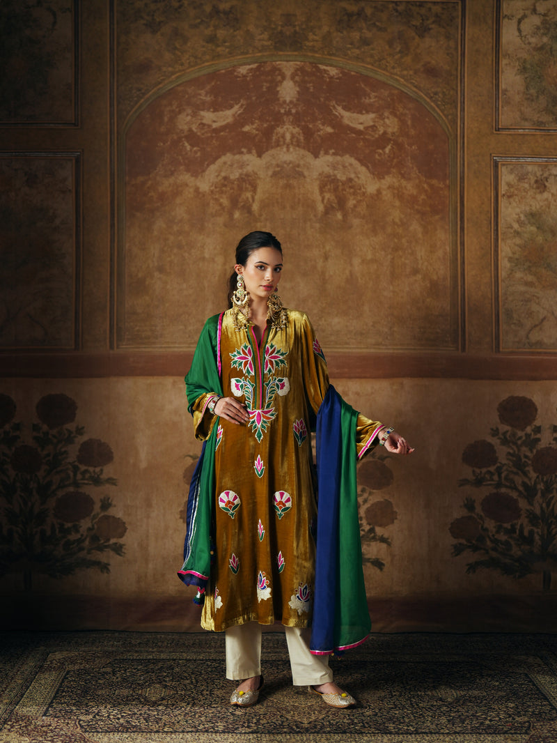 DEEP OLIVE STRAIGHT VELVET KURTA WITH PANT AND DUPATTA