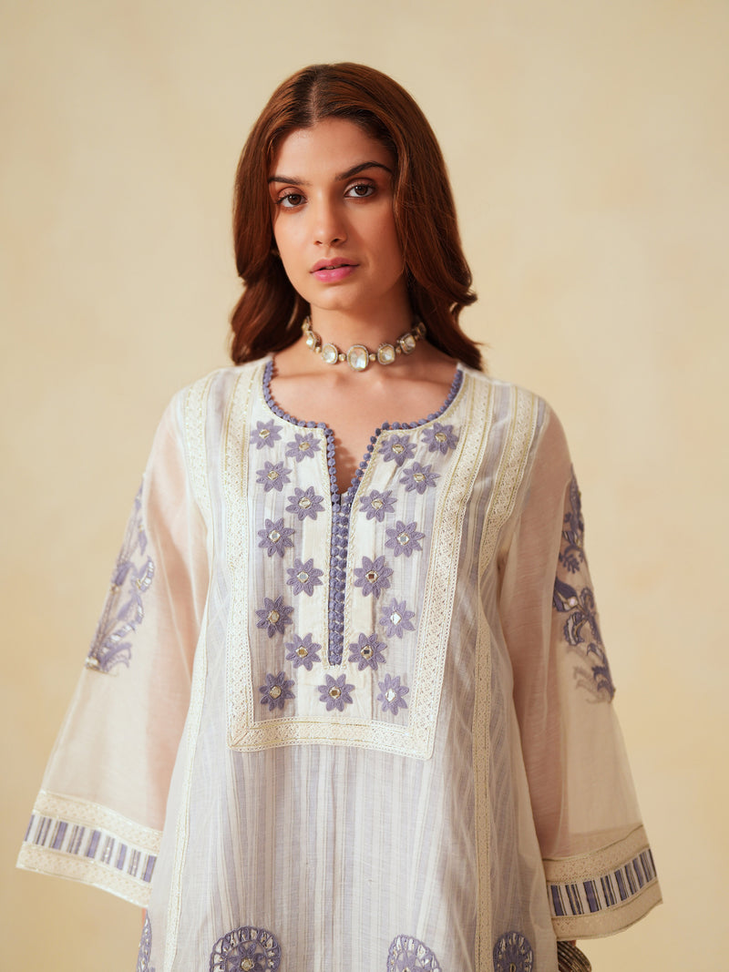 LAVENDER  AND OFF-WHITE COTTON CHANDERI SHORT A-LINE KURTA WITH PANT