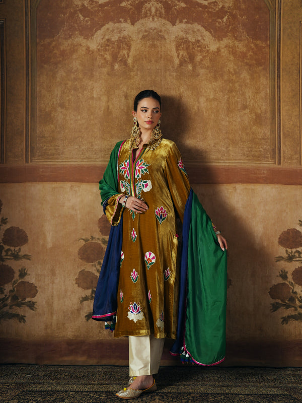 DEEP OLIVE STRAIGHT VELVET KURTA WITH PANT AND DUPATTA