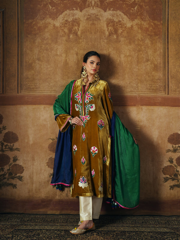 DEEP OLIVE STRAIGHT VELVET KURTA WITH PANT AND DUPATTA
