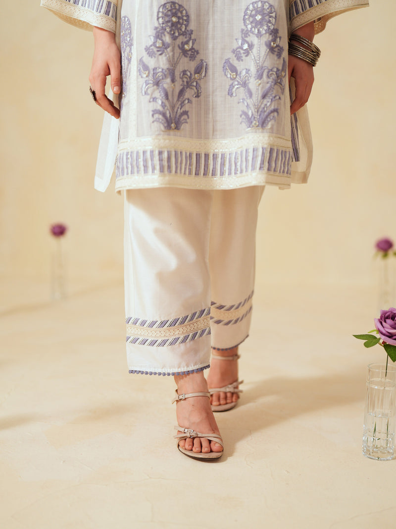 LAVENDER  AND OFF-WHITE COTTON CHANDERI SHORT A-LINE KURTA WITH PANT