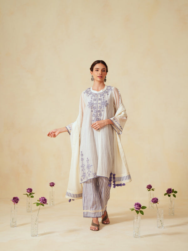 LAVENDER AND OFF-WHITE EASY FIT BOX-PLEATED KURTA WITH PANT
