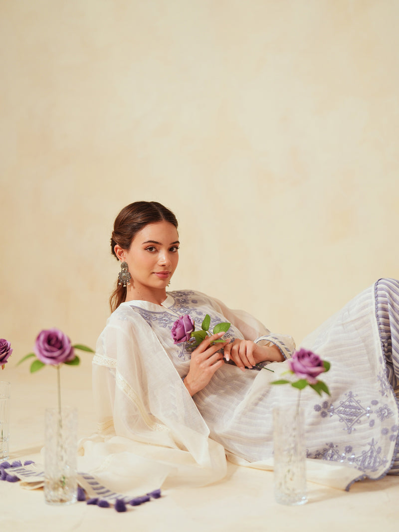 LAVENDER AND OFF-WHITE EASY FIT BOX-PLEATED KURTA WITH PANT