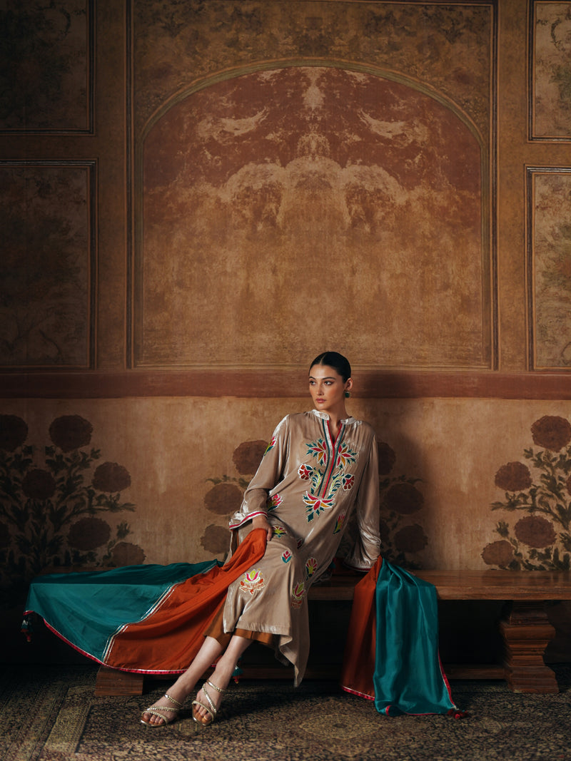 LIGHT SAND STRAIGHT VELVET KURTA WITH PANT AND DUPATTA