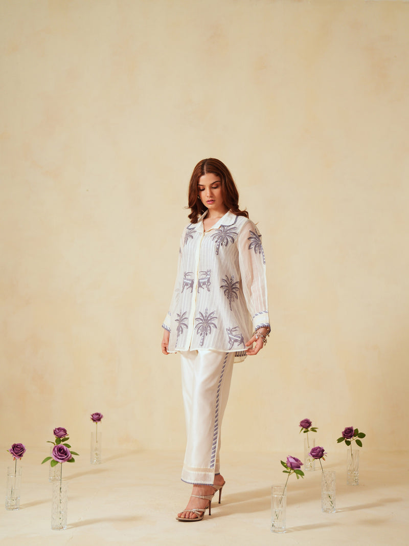 LAVENDER AND OFF-WHITE COTTON CHANDERI EMBROIDERED SHIRT AND PANT CO-ORD SET