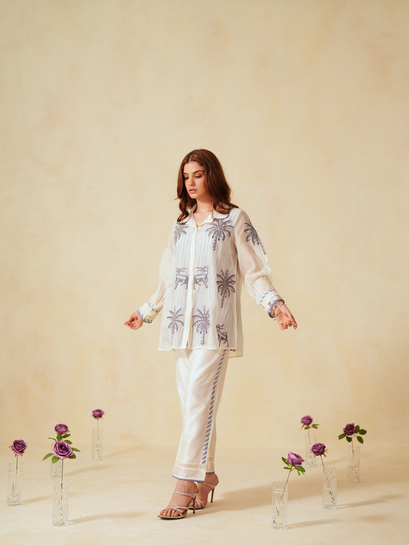 LAVENDER AND OFF-WHITE COTTON CHANDERI EMBROIDERED SHIRT AND PANT CO-ORD SET