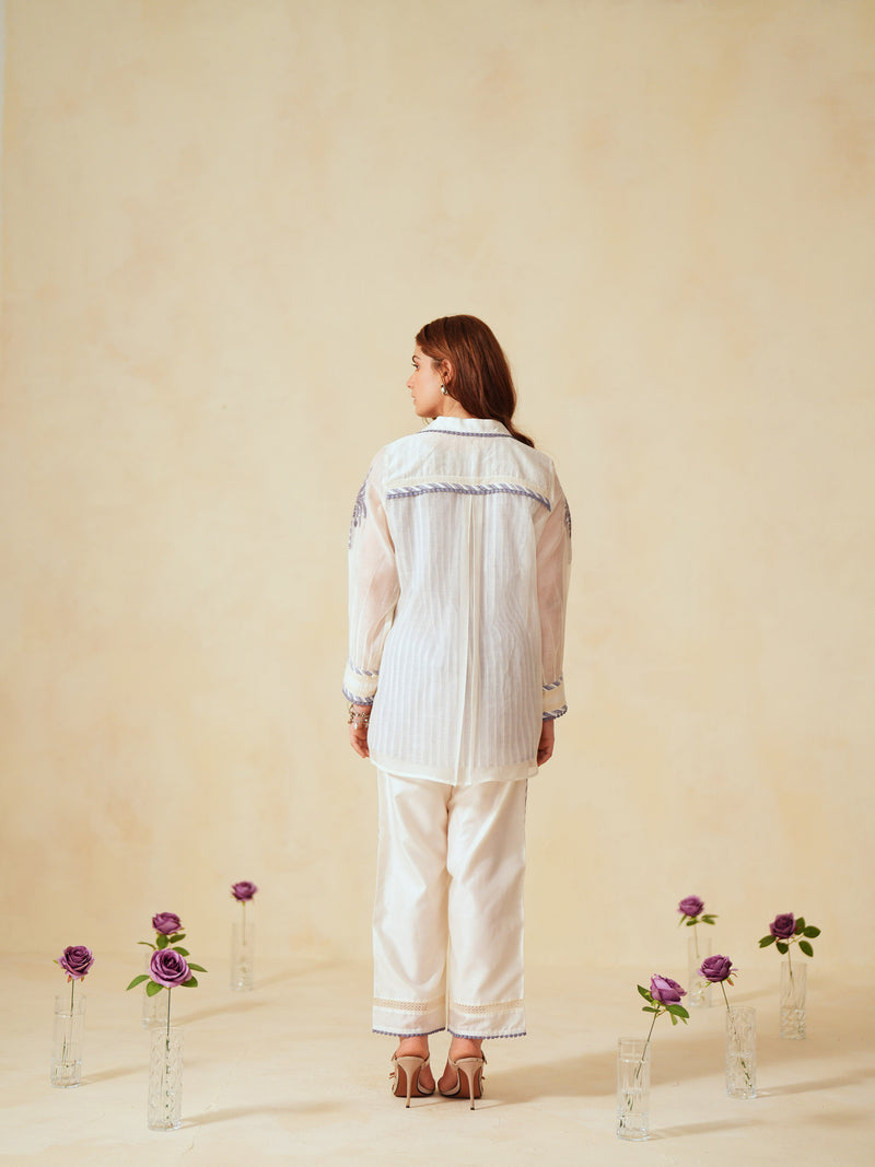 LAVENDER AND OFF-WHITE COTTON CHANDERI EMBROIDERED SHIRT AND PANT CO-ORD SET