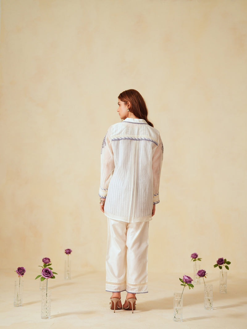 LAVENDER AND OFF-WHITE COTTON CHANDERI EMBROIDERED SHIRT AND PANT CO-ORD SET