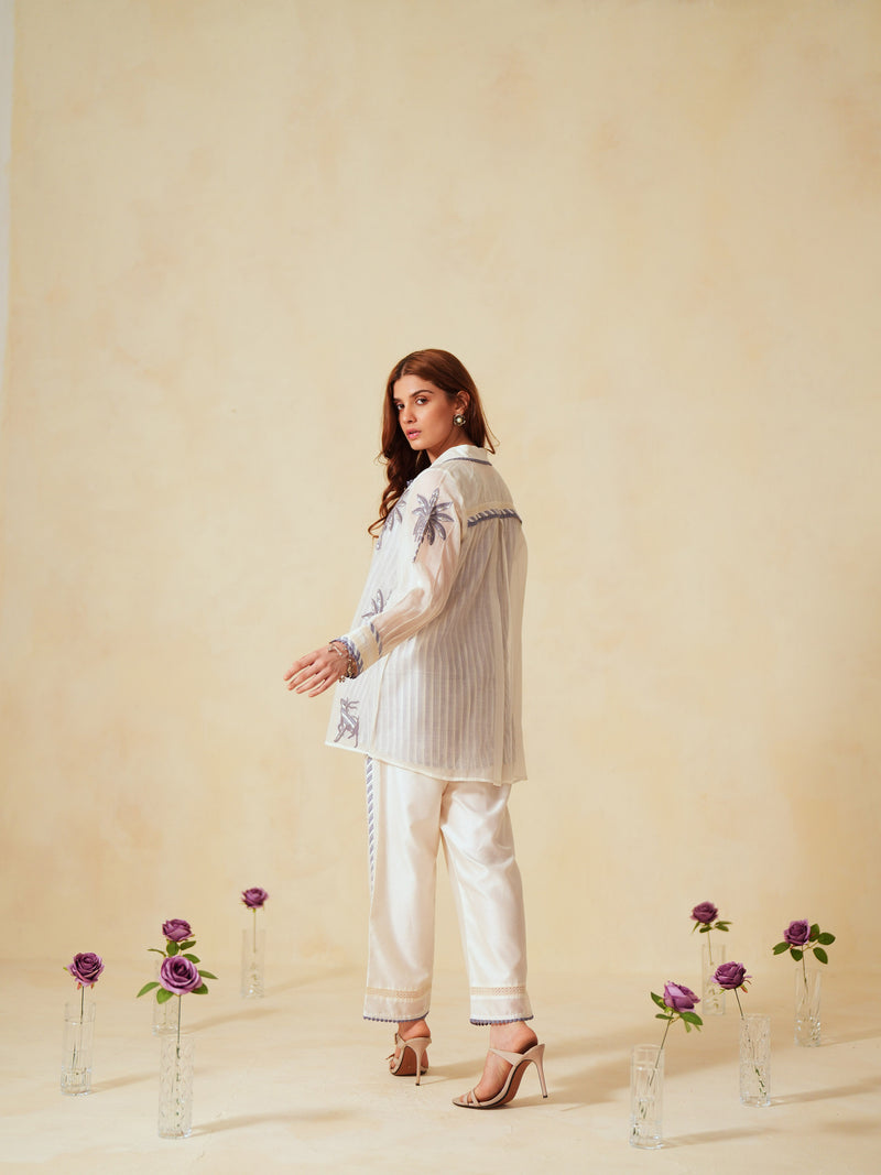 LAVENDER AND OFF-WHITE COTTON CHANDERI EMBROIDERED SHIRT AND PANT CO-ORD SET