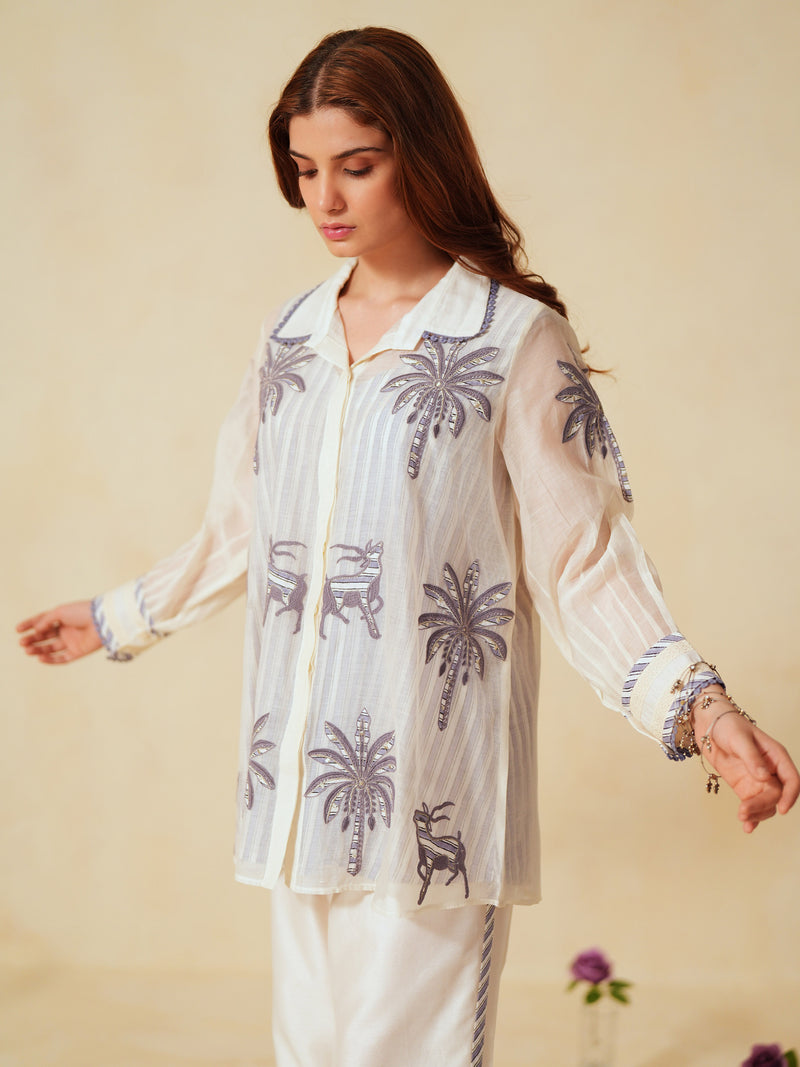 LAVENDER AND OFF-WHITE COTTON CHANDERI EMBROIDERED SHIRT AND PANT CO-ORD SET