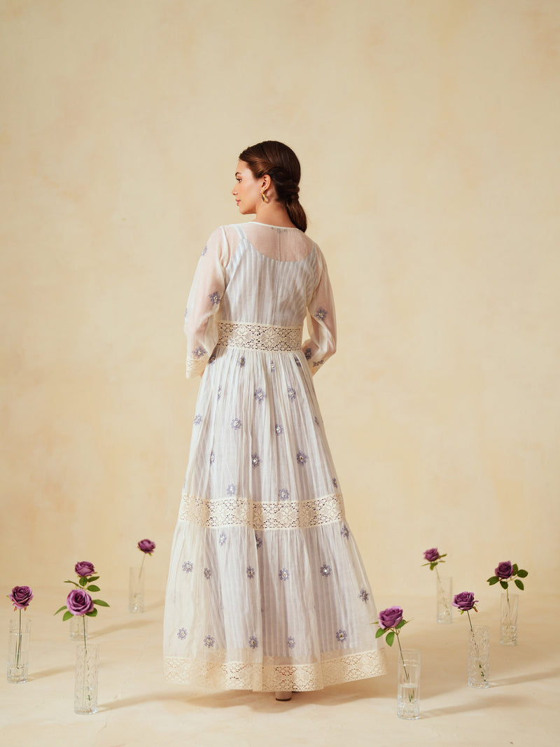 LAVENDER AND OFF-WHITE COTTON CHANDERI V-NECK TIERED LONG DRESS