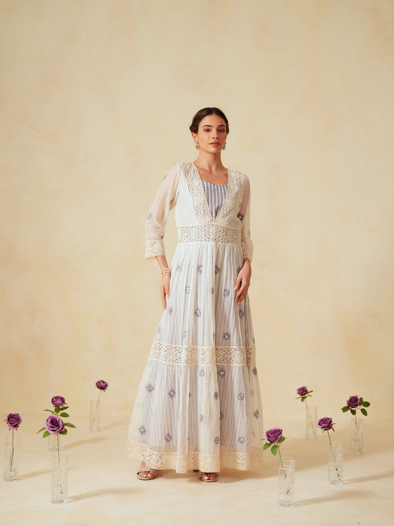 LAVENDER AND OFF-WHITE COTTON CHANDERI V-NECK TIERED LONG DRESS